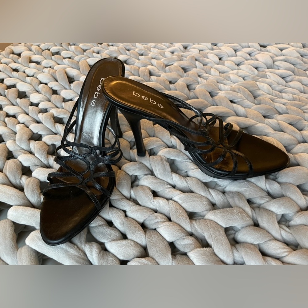 Bebe strappy sexy stiletto mule. Size 8. Black. 4-1/2” heel, excellent condition